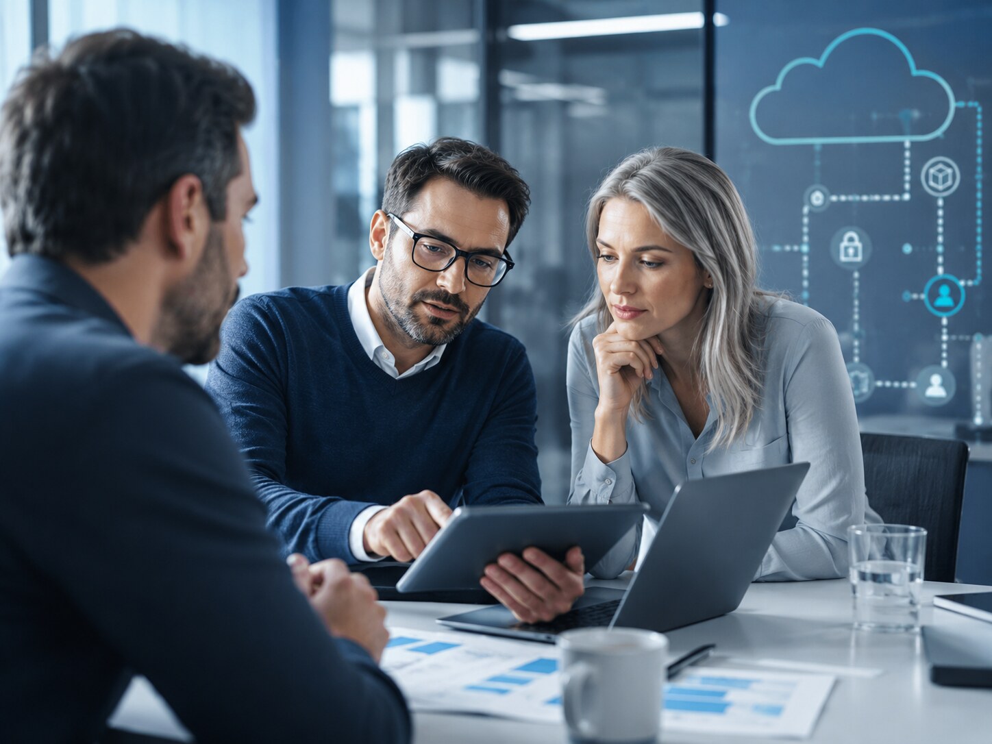 Technology professionals collaborating around digital tools in a modern office