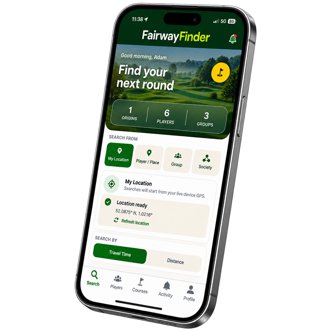 FairwayFinder mobile app search screen